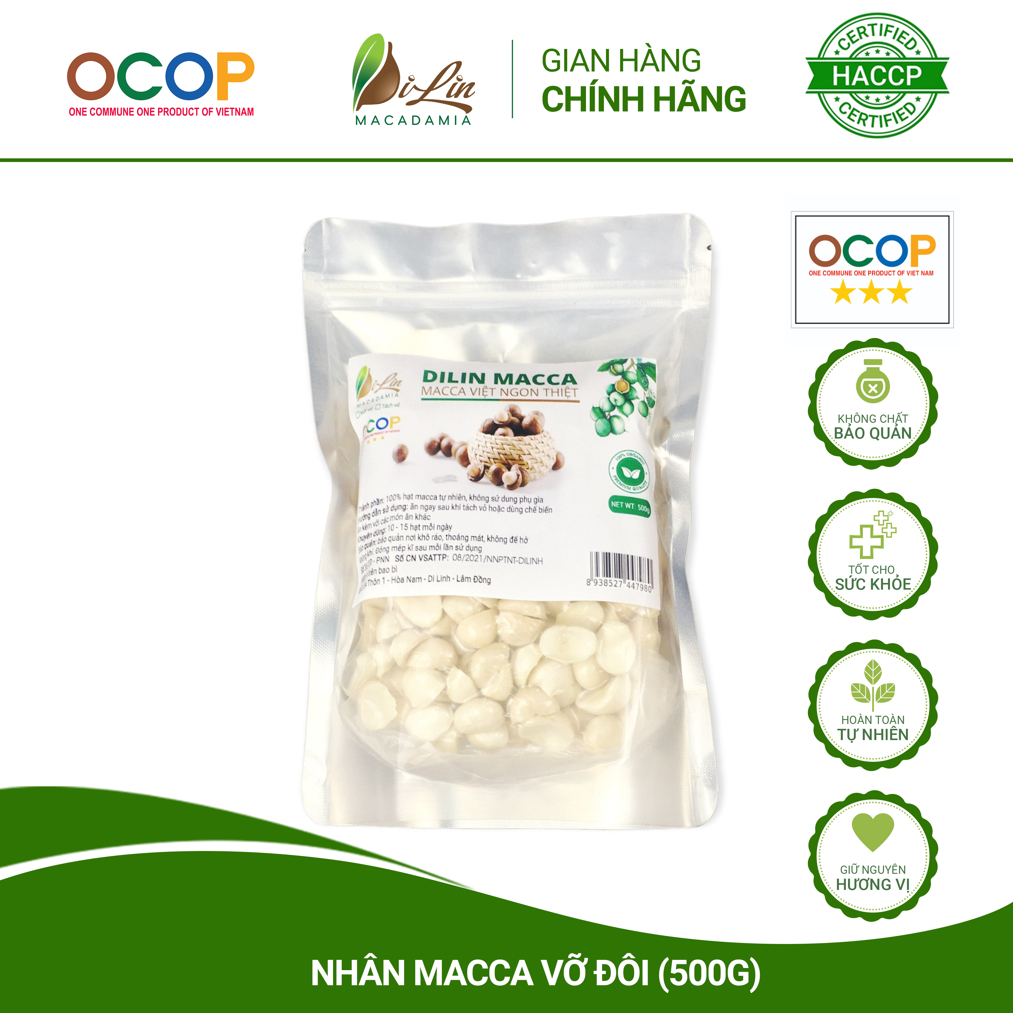 500G Nhân Macca Vỡ Đôi Sạch Lâm Đồng Đã Sấy