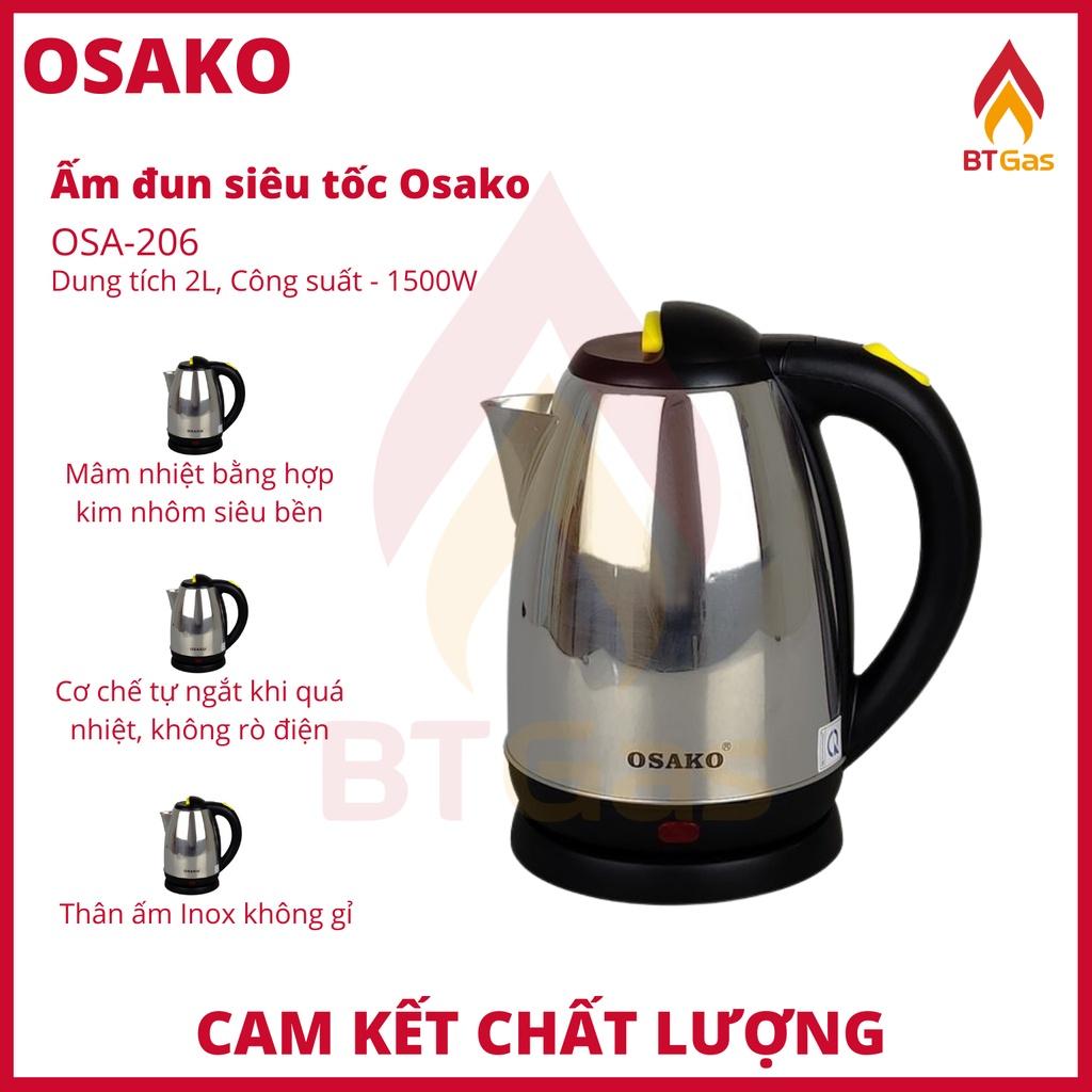 Bình đun siêu tốc, ấm siêu tốc bền đẹp, nấu nước an toàn, thân ấm inox dung tích 2 lít Osako OSA-206 - Hàng chính hãng