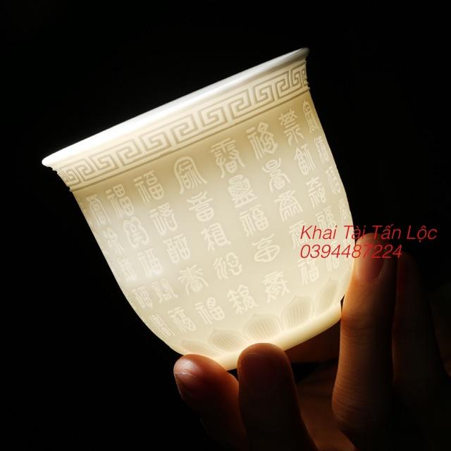Chén trà , ly trà sứ trắng khắc 100 chữ Phúc - Bách phúc