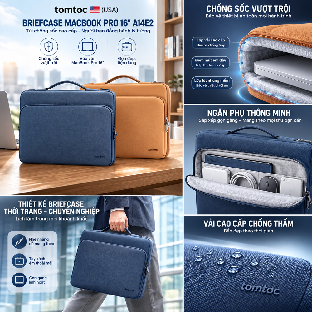 Túi xách chống sốc Tomtoc Defender-A14 Laptop Briefcase Macbook Pro/Air 13 inch A14C2 - Hàng chính hãng
