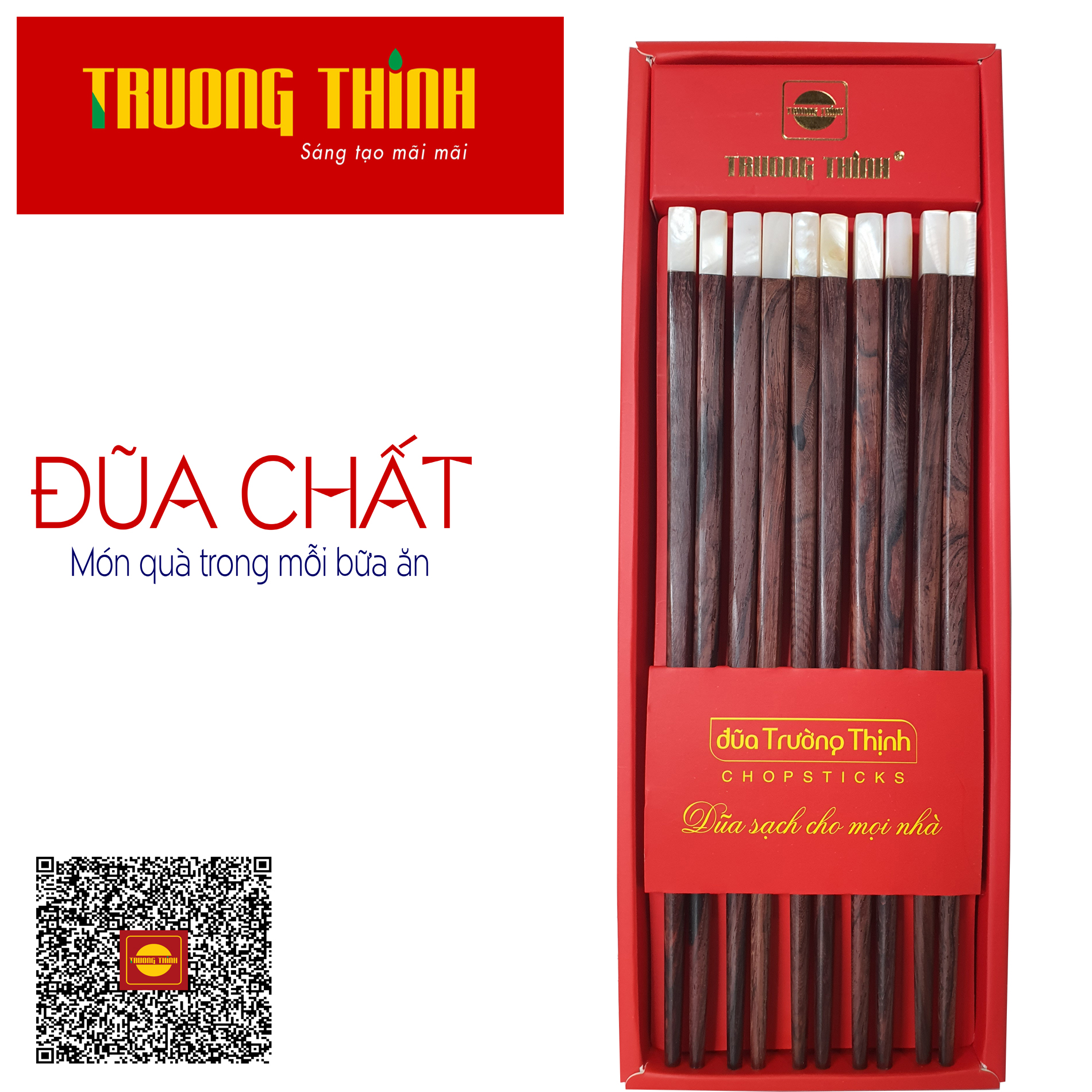 Đũa Gỗ Trắc Vân Đầu Gắn Ngọc Trắng Trường Thịnh Chính Hãng/ Hộp Màu Đỏ/ 10 Đôi Vuông