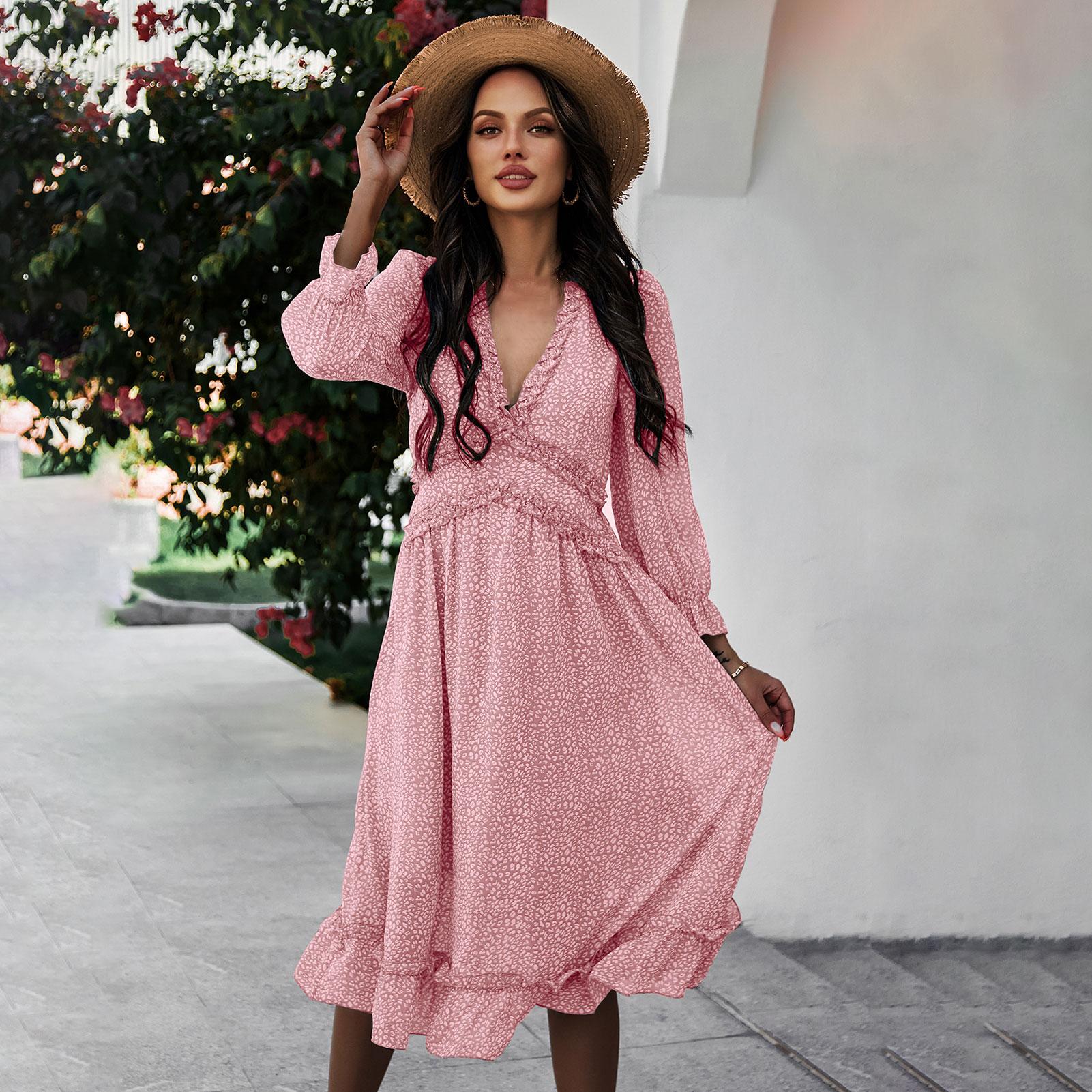 Women Dress Floral V Neck Ruffle High Waist Puff Long Sleeve Chiffon Casual Loose Long Dress