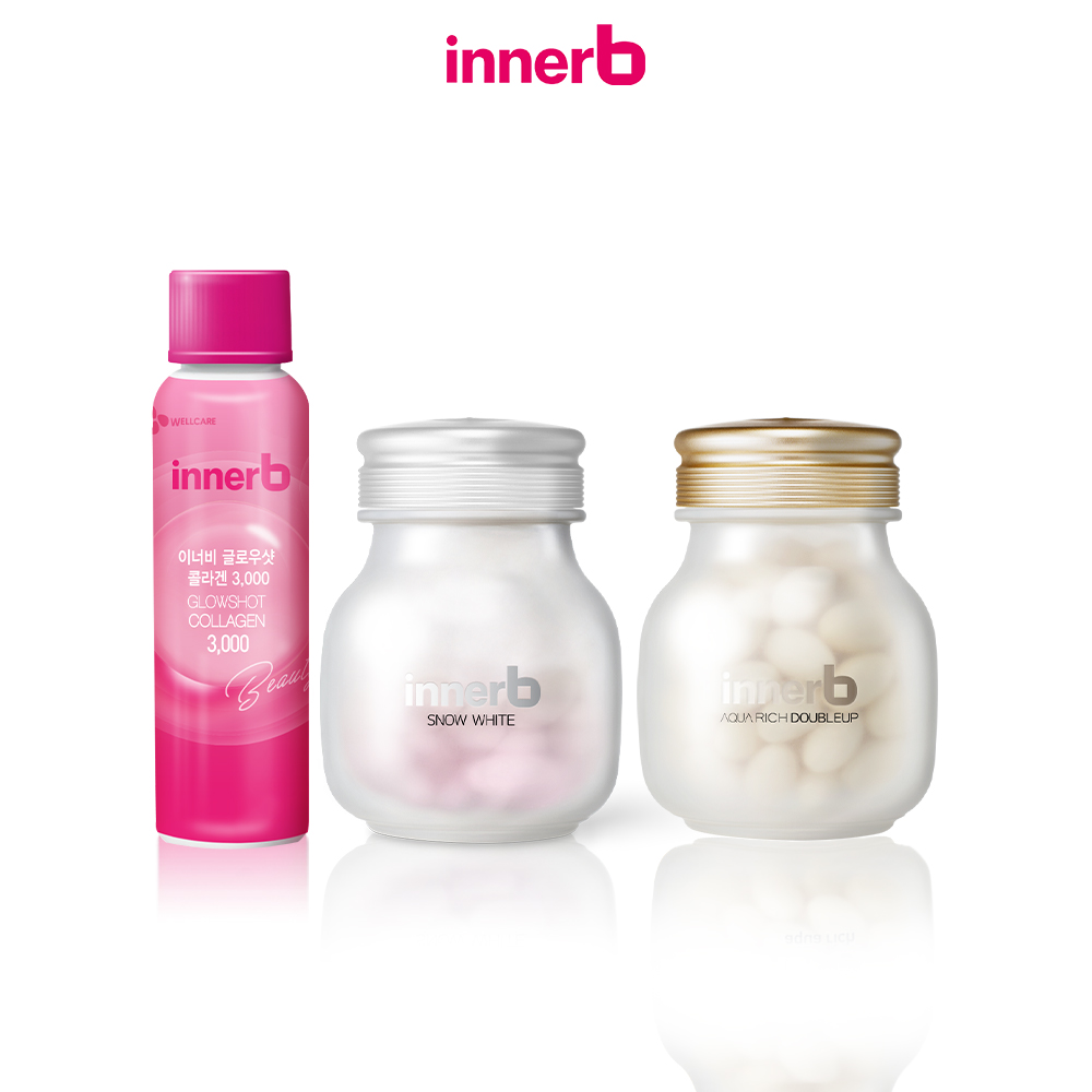 Combo 3 thực phẩm bảo vệ sức khỏe InnerB Aqua Rich Doubleup (56 viên) + Viên uống hỗ trợ sáng da InnerB Snow White (28g) & Hộp 6 chai nước uống Collagen InnerB Glowshot (50mlx6)