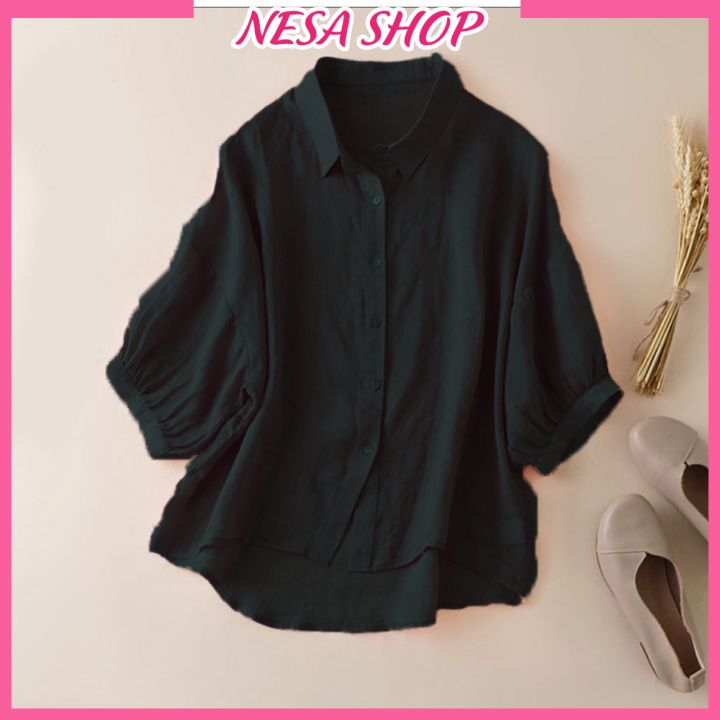 Áo sơ mi nữ cổ Đức NeSa Shop, tay lỡ, Chất liệu Đũi mềm mịn, thoáng mát, áo kiểu nữ form rộng SMH.038