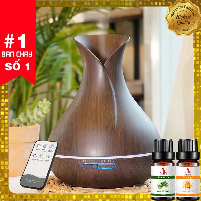 Máy xông tinh dầu phòng ngủ - máy khuếch tán tinh dầu TULIP 500ML có REMOTE kèm 2 lọ tinh dầu 10ml -