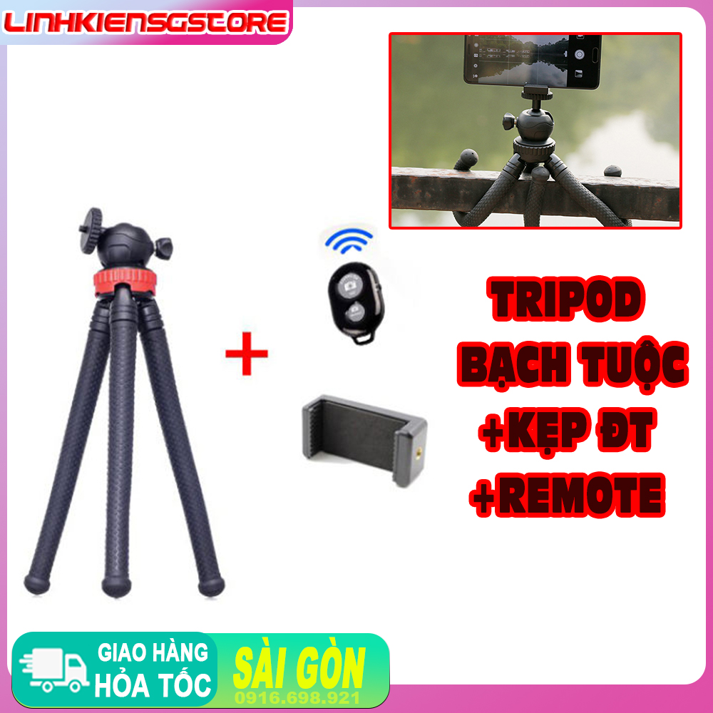 Giá đỡ điện thoại dạng tripod 3 chân bạch tuộc uốn dẻo kèm remote bluetooth PK-BT-K2C-RM