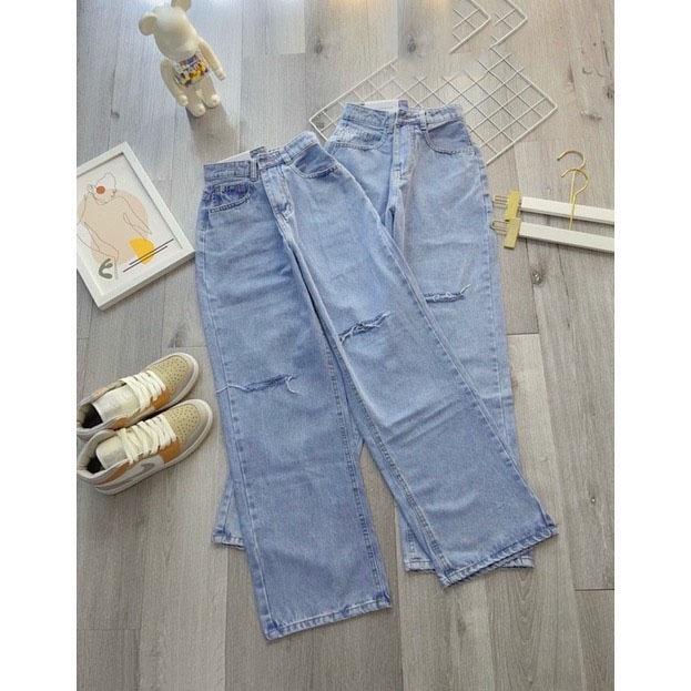 Quần Jean Nữ Ống Rộng Rách Gối Lưng Cao Dáng Suông, Quần Bò Rách Gối Màu Xanh Nhạt Sang Chảnh Size SML 451
