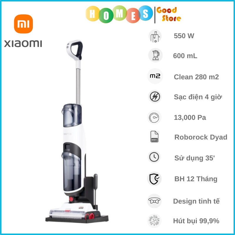 Máy Hút Bụi Không Dây Lau Sàn Khô Và Ướt ROBOROCK DYAD Công Suất 500W Áp Suất 13,000 Pa - Hàng Chính Hãng