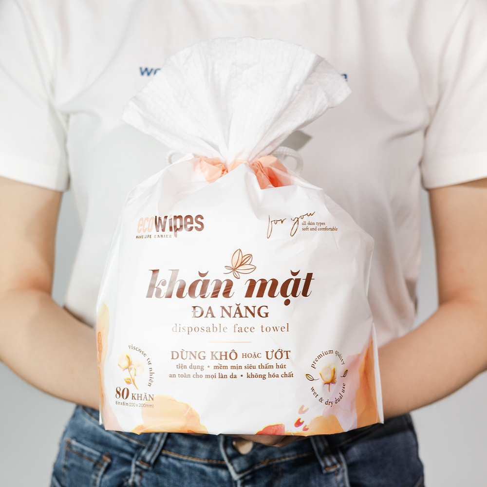 Khăn mặt khô đa năng Ecowipes cuộn 80 tờ size khăn 20x20cm dùng 1 lần lau khô lau ướt giấy lau mặt dùng một lần