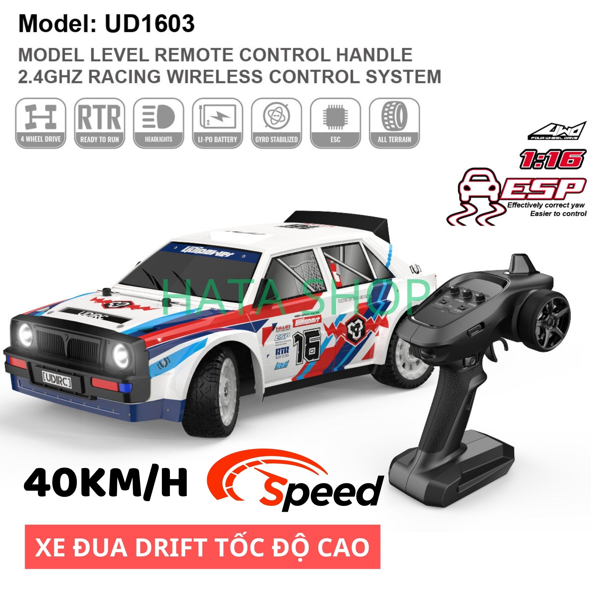 Xe Đua Drift UD1603 Tốc Độ Cao 40km/h Điều Khiển Từ Xa Động Cơ Chổi Than Tỉ Lệ 1:16 Drift 4WD Racing 2.4GHz