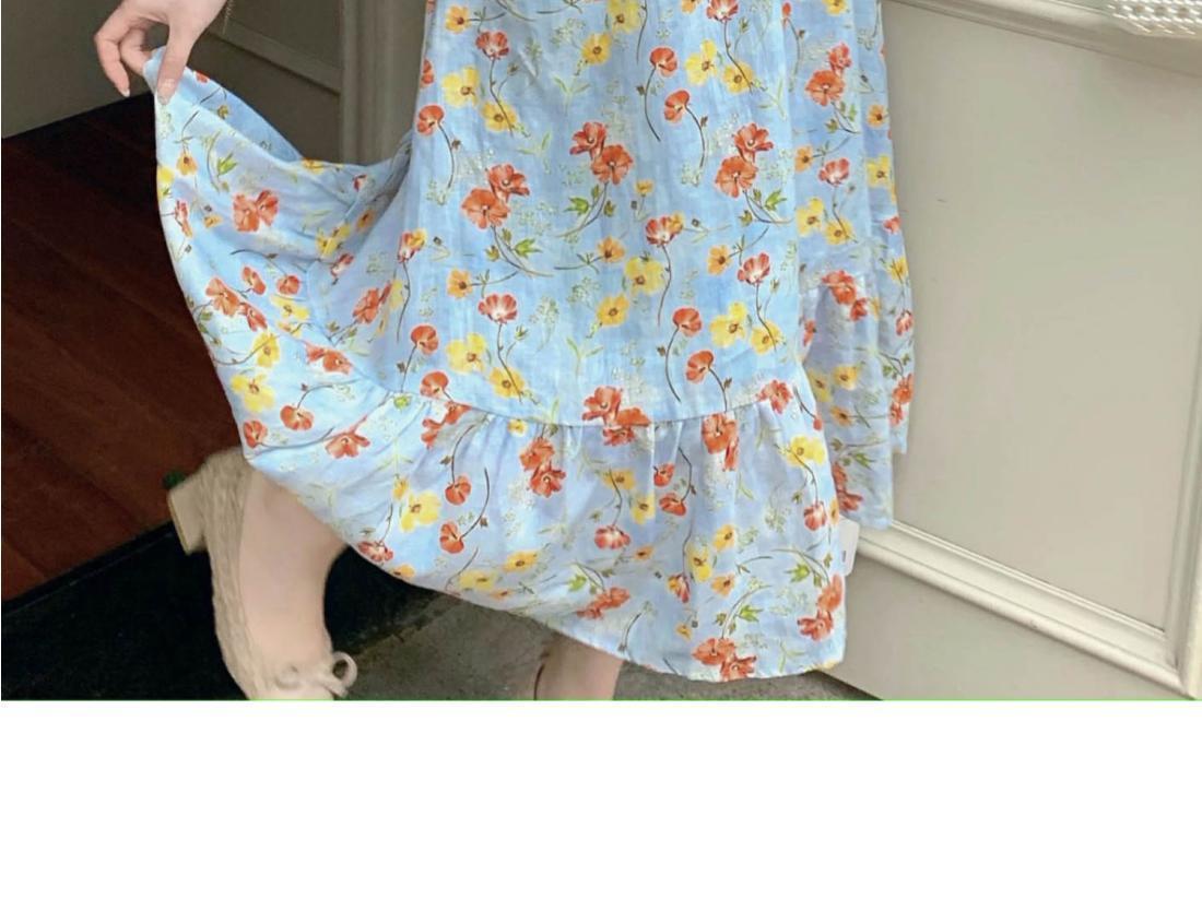 TOBE1SHOP Màu xanh vuông cổ bong bóng tay áo hoa đầm phụ nữ 2023 mùa hè cao cấp cảm giác cao cấp cổ điển đầm dài tinh tế