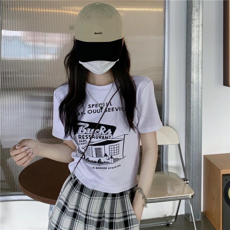 Áo croptop ulzzang in hình, áo thun ôm body sexy tay ngắn Hàn Quốc