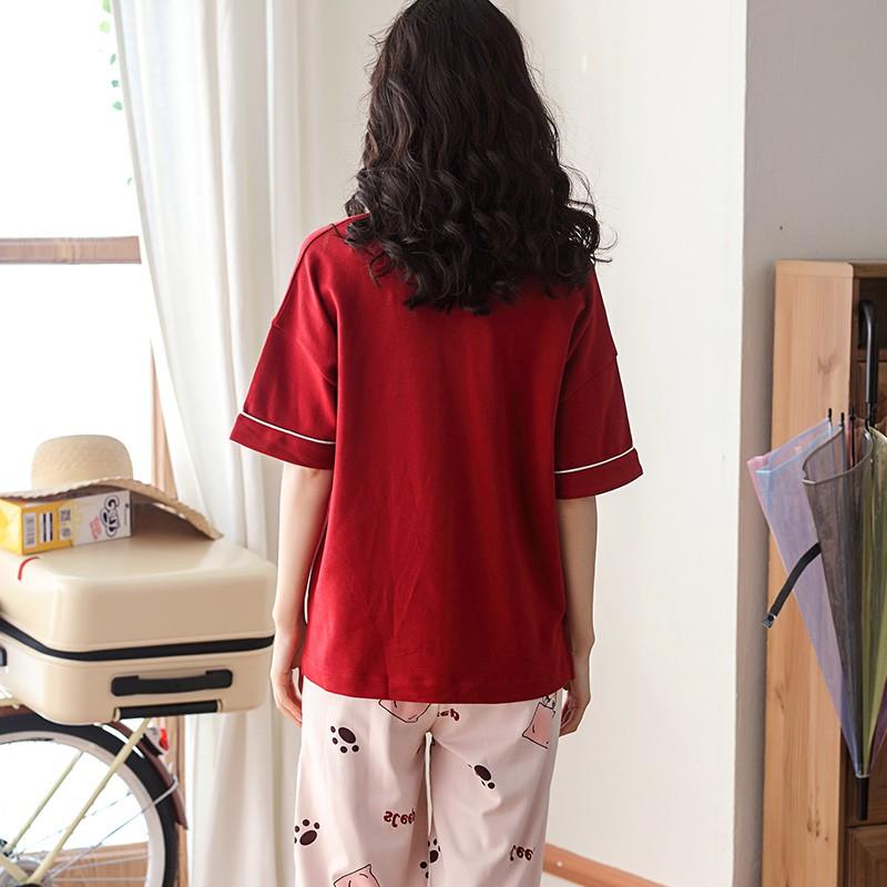 Đồ Bộ Pijama lửng tông đỏ nổi bật, phù hợp với các cô nàng cá tính mạnh mẽ, vải cotton 100% thoáng mát, thấm mồ hôi