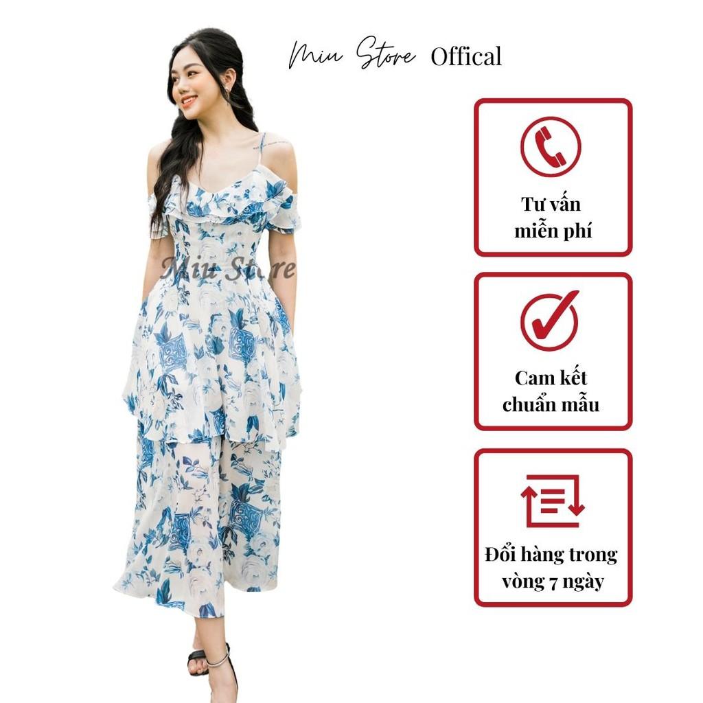Đầm hai dây thiết kế bèo trễ vai phối hoa D00176