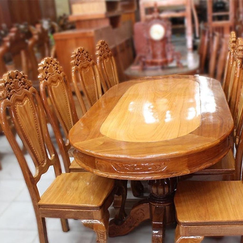 bộ Bàn ăn căm xe mặt gõ hình oval , bàn ăn bằng gỗ 6 ghế