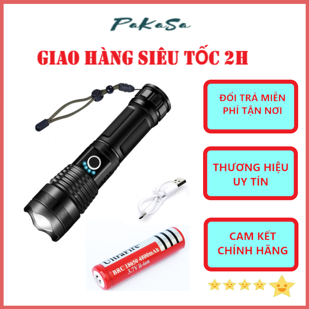 Đèn Pin Cầm Tay Siêu Sáng P50 Có Đèn Báo Dung Lượng Pin Mẫu Mới Tặng Kèm Pin 16850 Và Cáp Sạc FULLBOX - Chính Hãng 