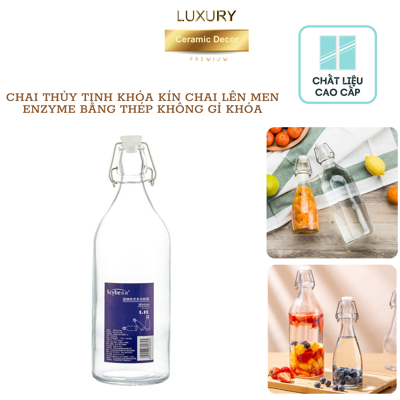 Chai Thủy Tinh Nắp Kín Lên Men Enzyme Khóa Chống Gỉ Sang Trọng 1100 ML DECOR LUXURY - Hàng Nhập Khẩu