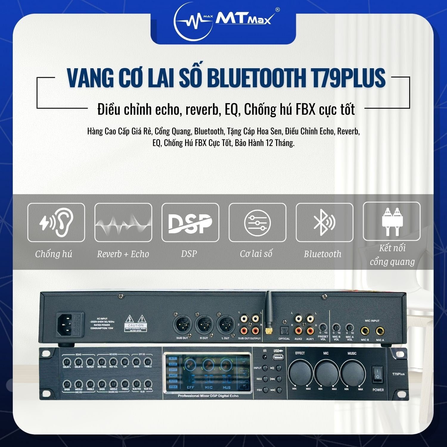 Vang Cơ Lai Số T79Plus Kết Nối Cổng Quang, Bluetooth, Điều Chỉnh Echo, Reverb, EQ, Chống Hú FBX Cực Tốt hàng chính hãng