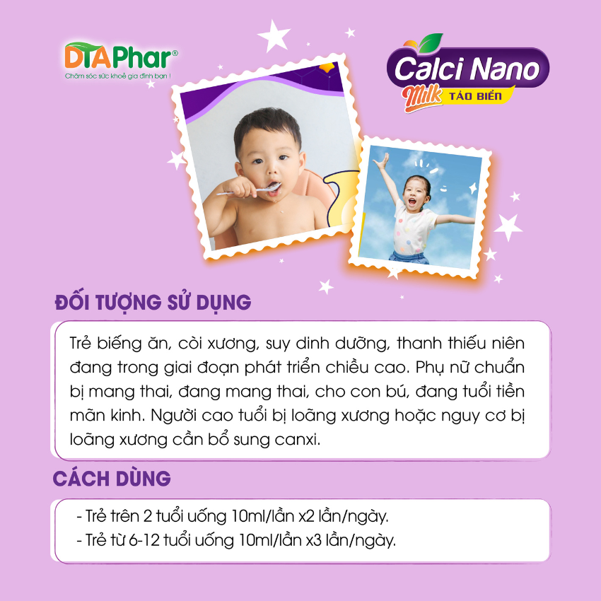 Siro uống Calci Nano Milk Tảo Biển bổ sung canxi cho người lớn và trẻ em hỗ trợ phát triển xương răng tăng sức đề kháng ăn ngủ ngon Hộp 20 ống Tâm An Pharma