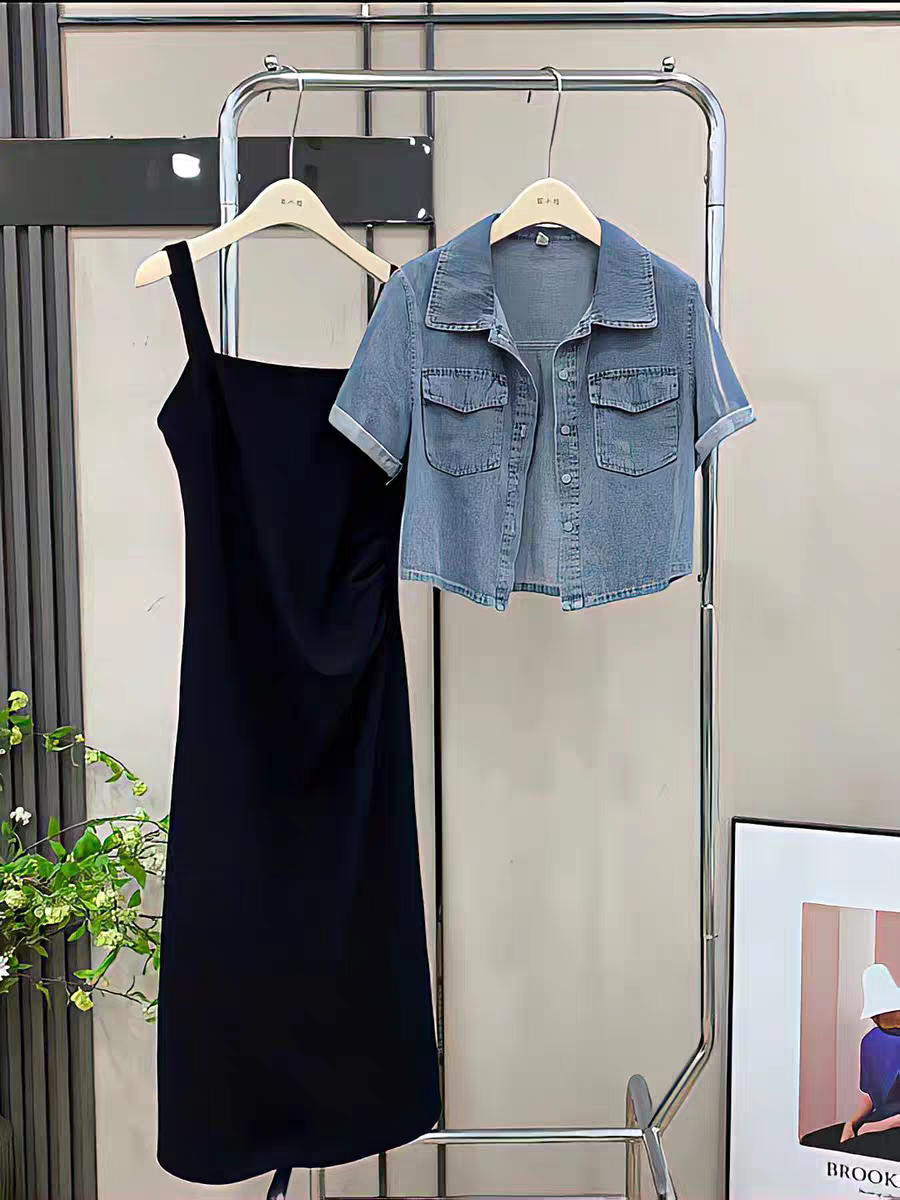 Áo khoác bò dáng croptop tay ngắn trẻ trung áo khóa mùa hè một hàng cúc chất liệu denim cá tính năng động