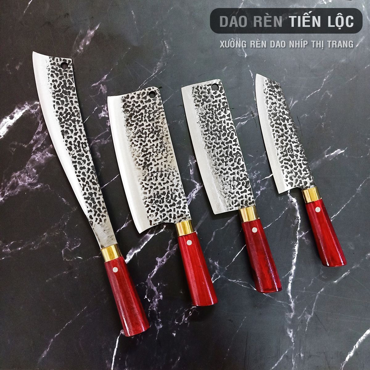 Bộ Dao 4 Thép Nhíp Dập Vân 2 Mặt, Dao Nhà Bếp, Chặt Cây, Chặt Xương, Thái Gọt