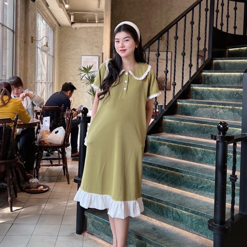 Đầm Bầu Polo Dáng Suông Cổ Sen Phối Viền Bèo Dễ Thương, Trẻ Trung Diện Mùa Hè - Đen