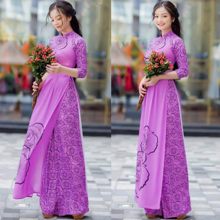 GIÁ XƯỞNG - Áo dài truyền thống hoa hồng tím