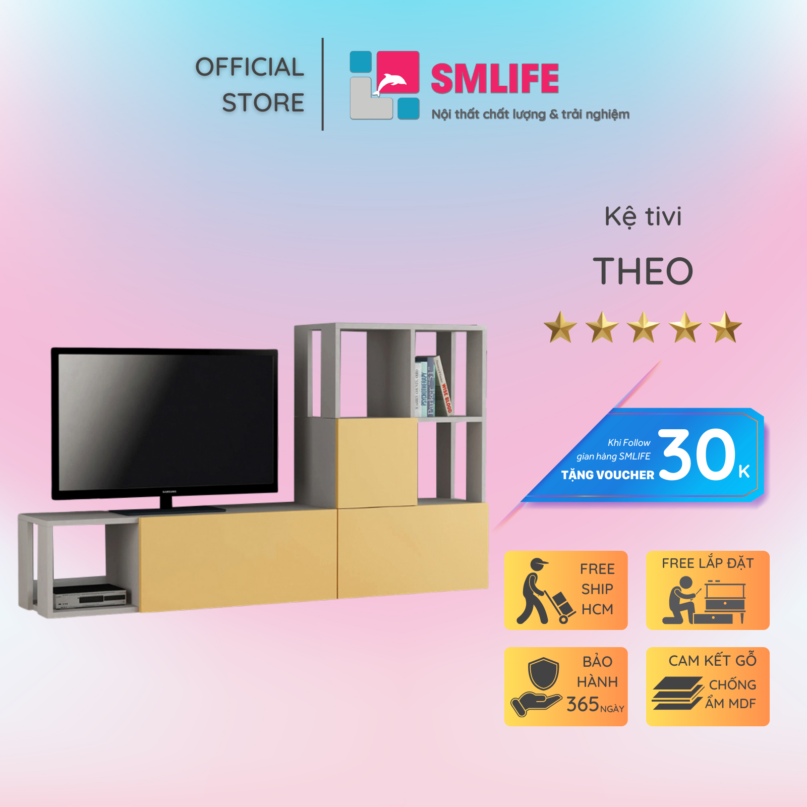 Kệ Tivi gỗ hiện đại SMLIFE Theo  | Gỗ MDF dày 17mm chống ẩm | D160xR30xC92cm