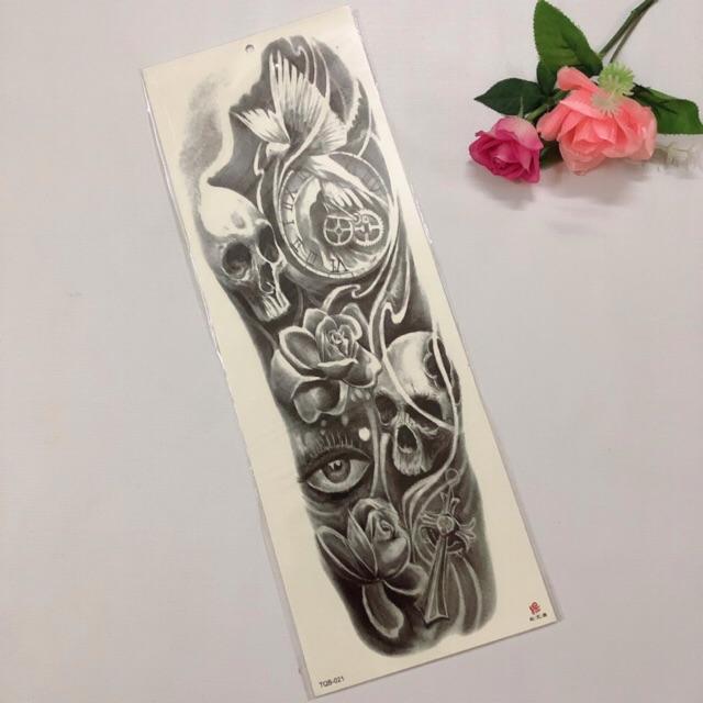 Hình xăm dán cao cấp kín tay đầu lâu hoa trắng đen 17x48cm