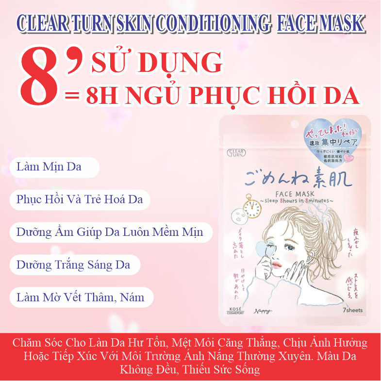 Mặt Nạ Giấy Cấp Ẩm Chuyên Sâu Và Dưỡng Mịn Da Kose Clear Turn Gomenne Bare Face Mask (7 Tấm) - 2 Loại
