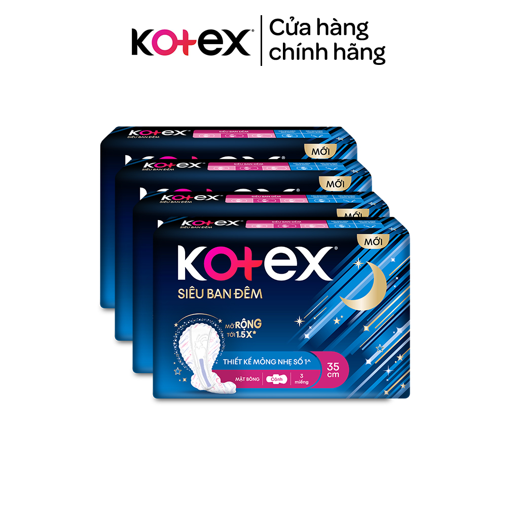 Combo 4 gói băng vệ sinh Kotex ban đêm mặt bông 3 miếng 35cm/42 cm siêu mỏng cánh