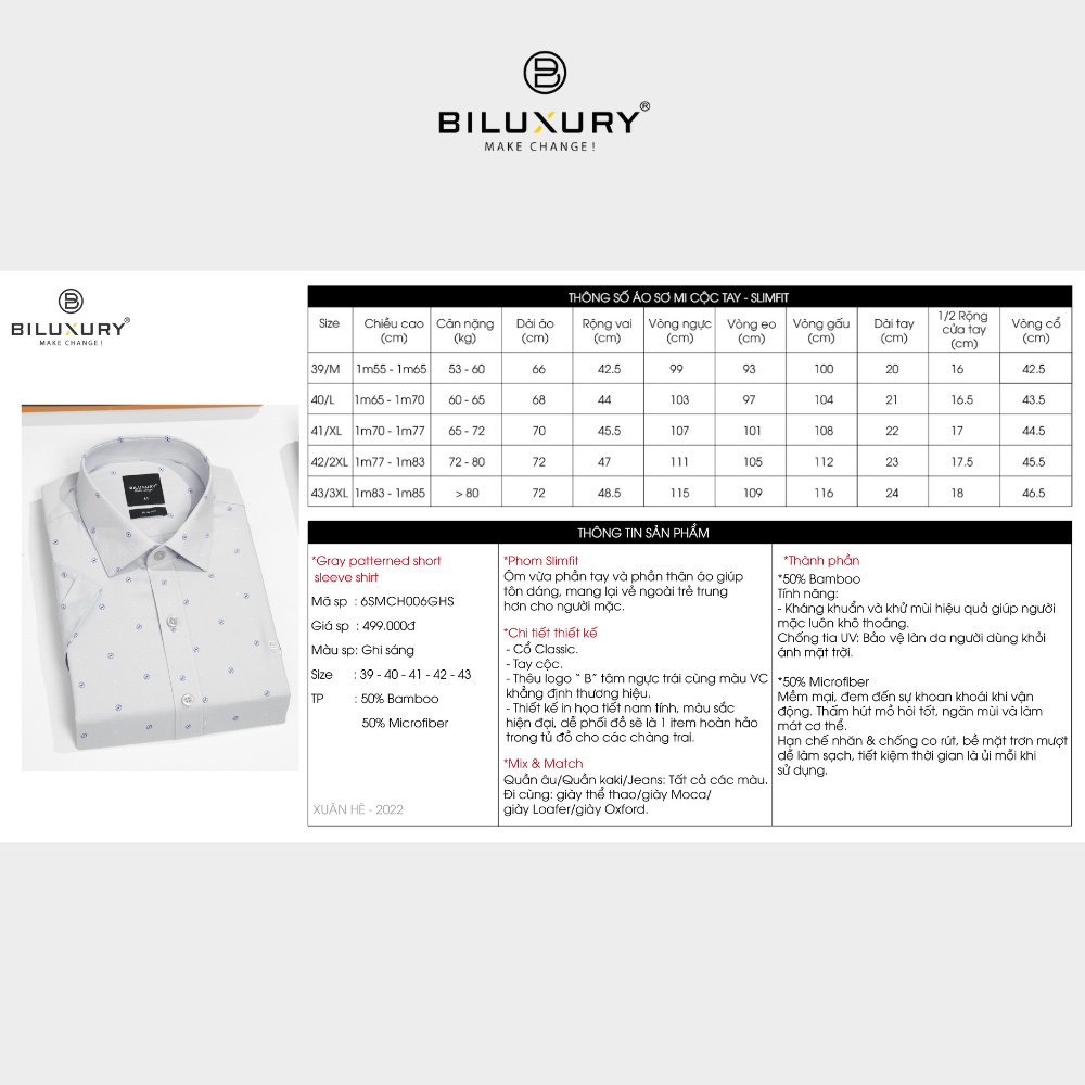 Áo Sơ Mi Ngắn Tay Nam Biluxury Symmetrical Dot Pattern 6SMCH006GHS