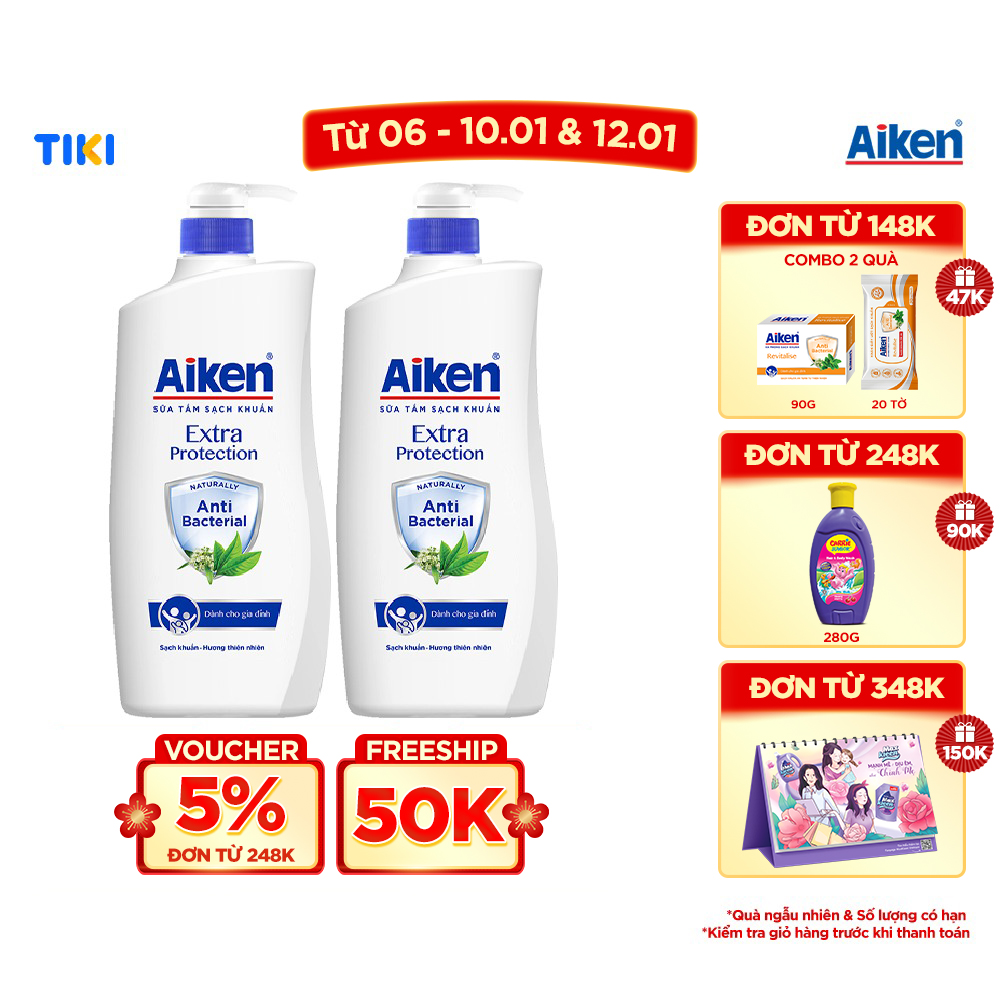 Combo 2 Sữa tắm Sạch khuẩn Aiken Chiết Xuất Trà Xanh Thiên Nhiên 850g/chai