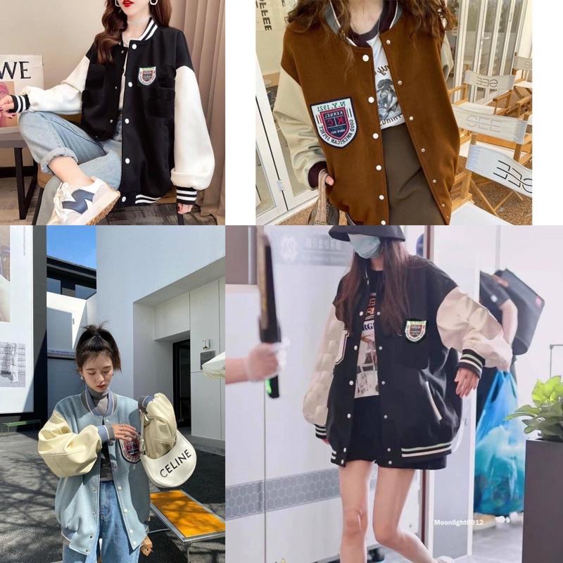 ÁO KHOÁC BOMBER NHUNG TĂM Unisex Form Rộng 2 MÀU XANH HỒNG