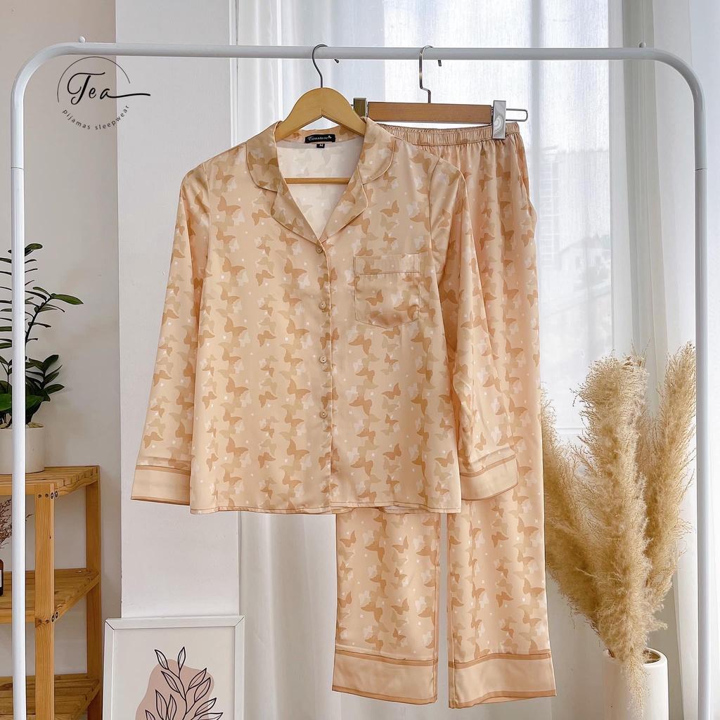 Bộ Mặc Nhà Pyjama Lụa Cao Cấp Tea Store Tay Dài Quần Dài Họa Tiết Cánh Bướm Be 2022