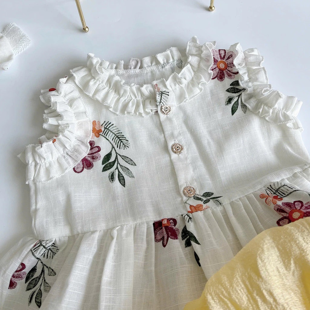 Set Bộ Áo Sát Nách Viền Bèo Thêu Hoa Quần Đùi Bí Cho Bé Gái Sơ Sinh 1 2 Tuổi Từ 3-11kg Dành Cho Bé Gái