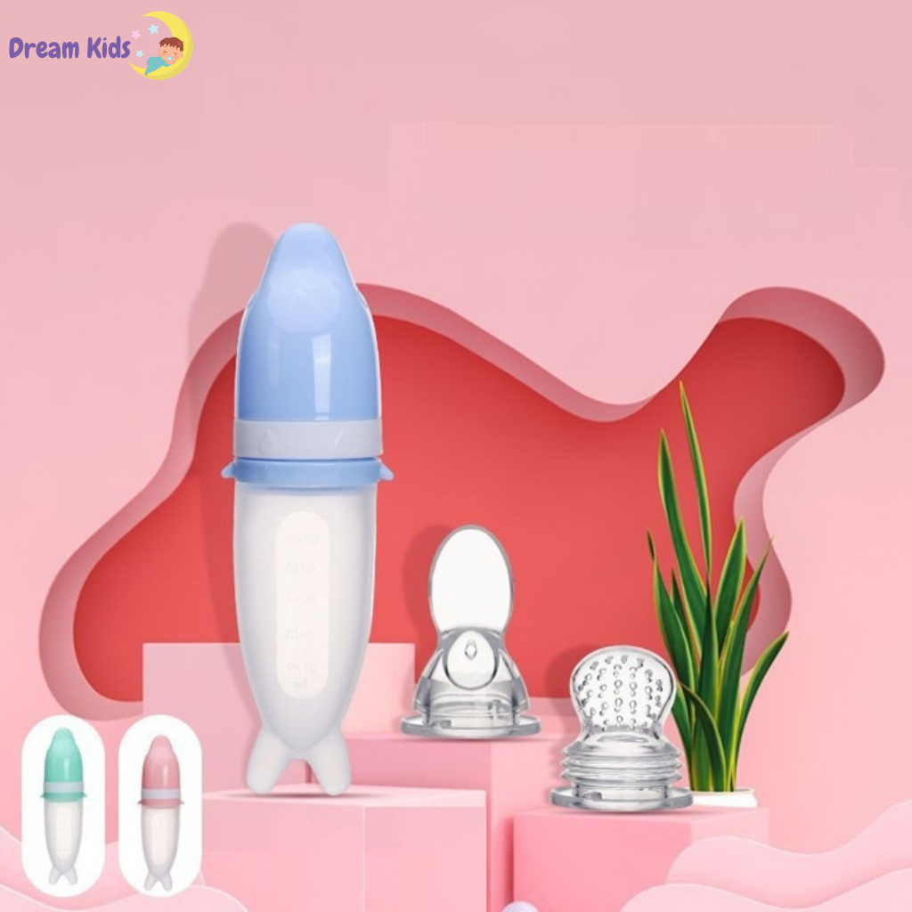 Bình thìa cho bé ăn dặm kèm túi nhai hoa quả Vcool- Chất liệu Silicone an toàn cho bé