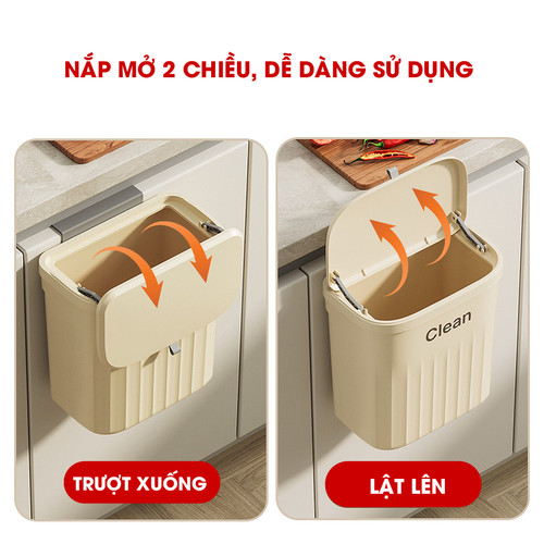 Thùng rác treo tủ bếp nhà vệ sinh treo tường nhà tắm đa năng CLEAN thiết kế nắp lật thông minh size lớn 12L kèm móc treo - giao màu ngẫu nhiên