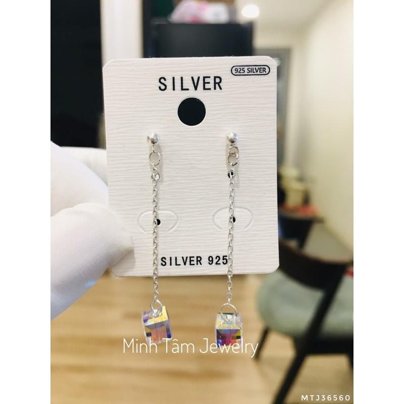 Bông tai pha lê lập phương bạc ta,Bông tai bạc pha lê dáng dài-Minh Tâm Jewelry