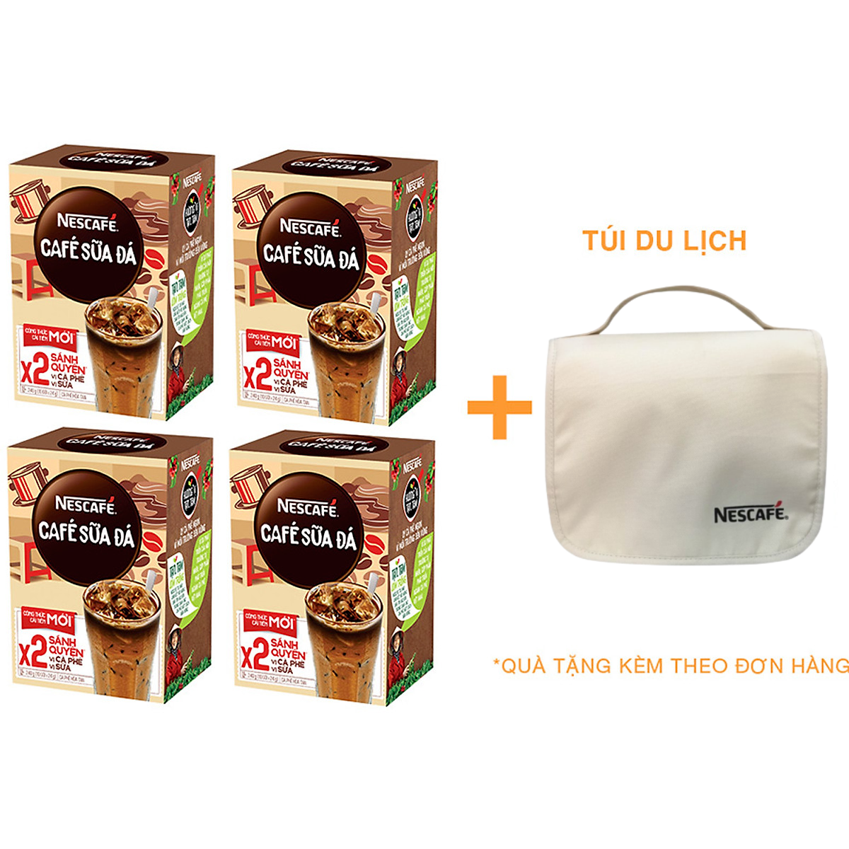 Combo 4 hộp cà phê hòa tan Nescafé 3in1 cà phê sữa đá (Hộp 10 gói x 24g) [Tặng túi du lịch - màu ngẫu nhiên]