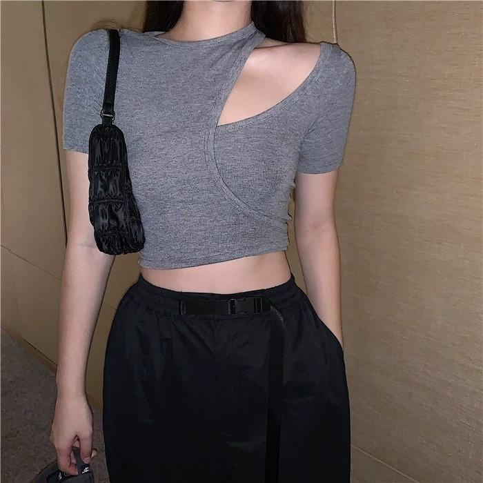 Áo croptop nữ body HAGA cộc tay hở vai cổ tròn phối lồng thân ALTCT40