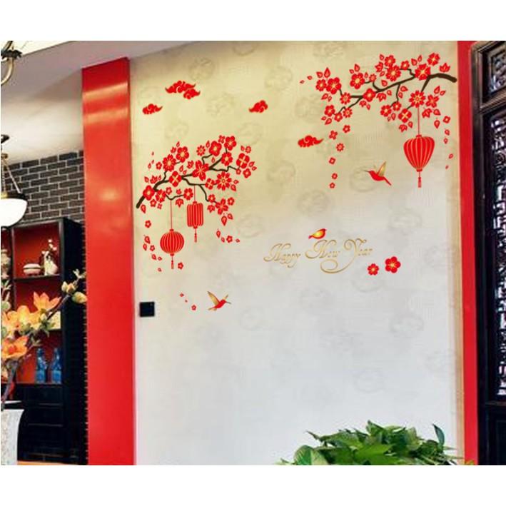 Decal trang trí tết - Cành Mai đỏ lồng đèn chữ HPNY vàng ánh