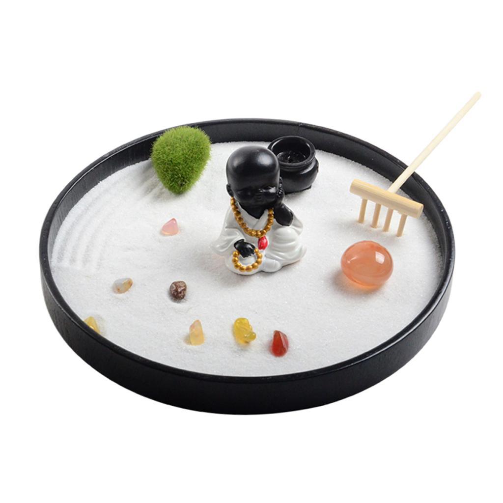 Round Mini Zen Garden w/Figurines Wooden Desktop Meditation Sandbox Dia 82"