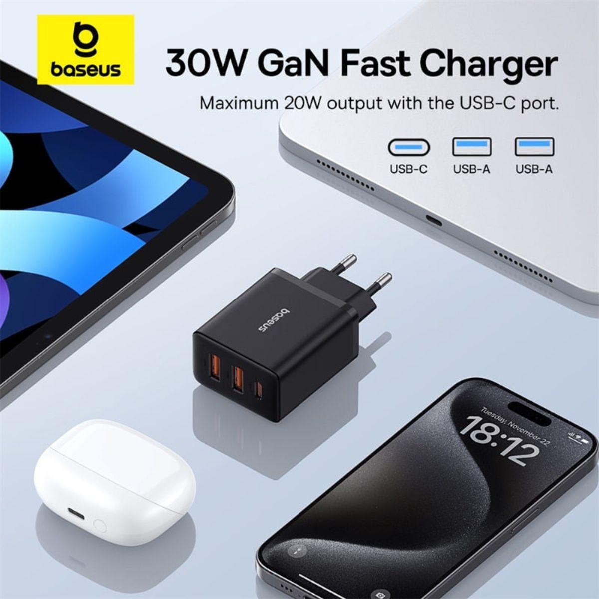 Củ sạc nhanh Baseus Cube Fast Charger 30W (2USB + Type-C)- Hàng Chính Hãng