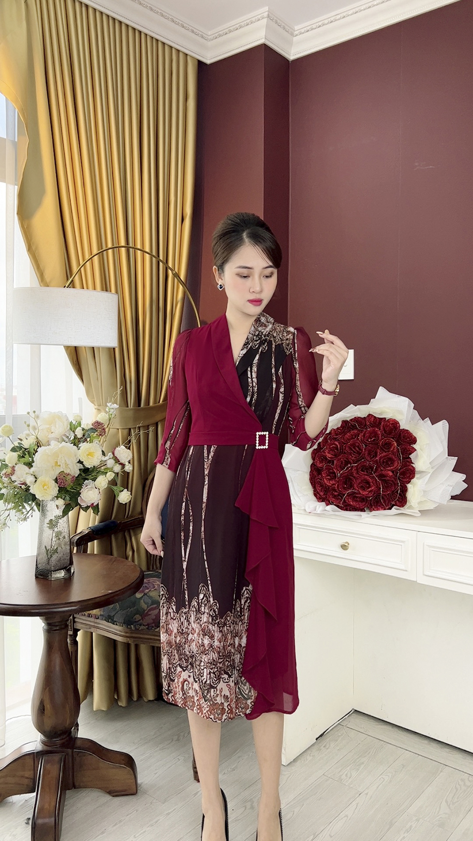 Linh Trà - Đầm Trung Niên Dáng Dài [TM955] Trẻ Trung Thiết Kế Trang Nhã Thanh Lịch Đi Làm Đi Tiệc Cho Bà Cho Mẹ U40 U50