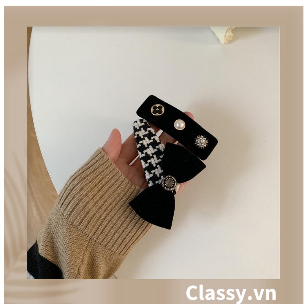 BST Kẹp tóc Classy dạng clip họa tiết kẻ sọc trắng đen caro hot hit bản lớn bọc vải chanh sả sả chanh PK945