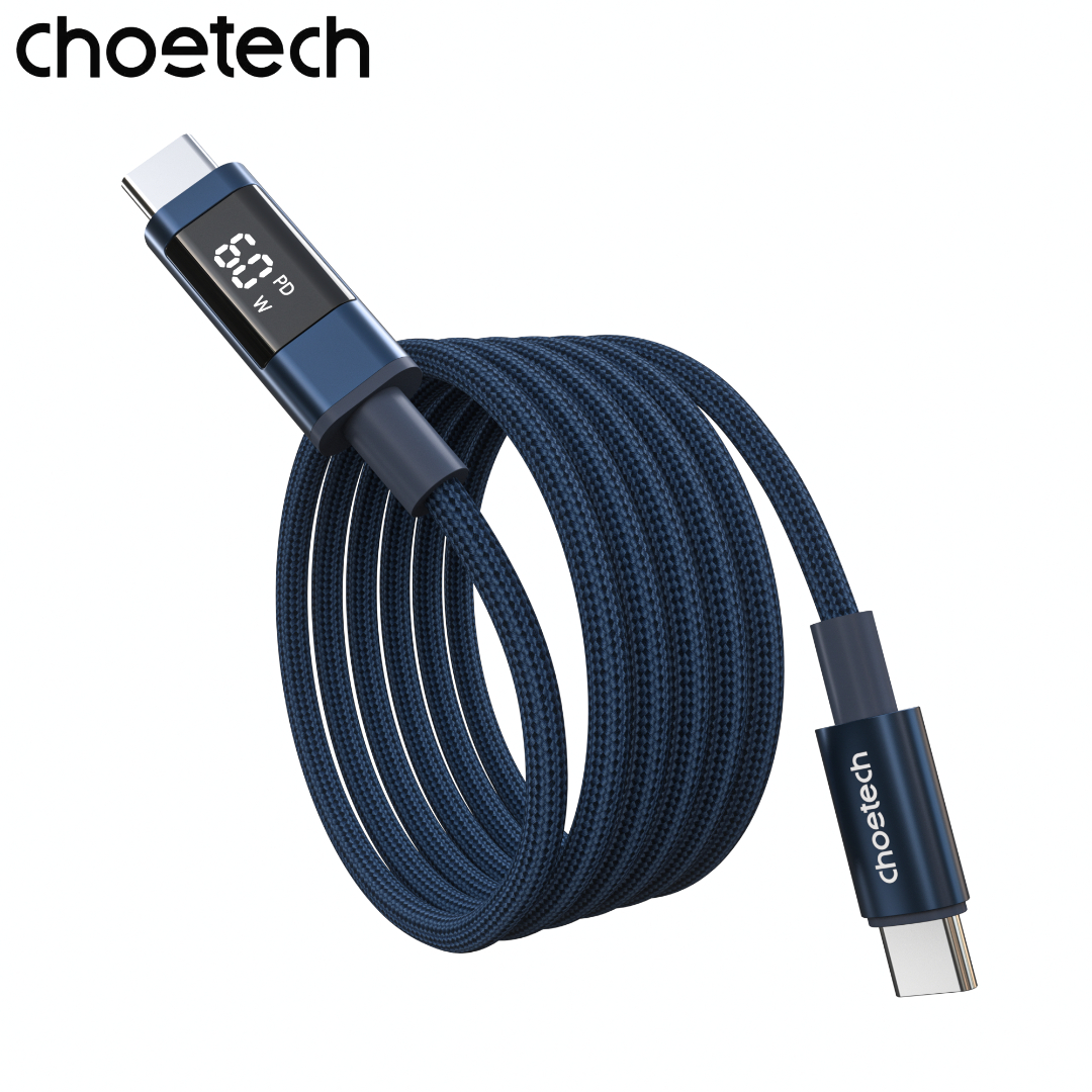 Cáp Sạc Nhanh Choetech XCC-1068 Type-C to C 60W – Màn Hình LED Hiển Thị Công Suất - Hàng chính hãng