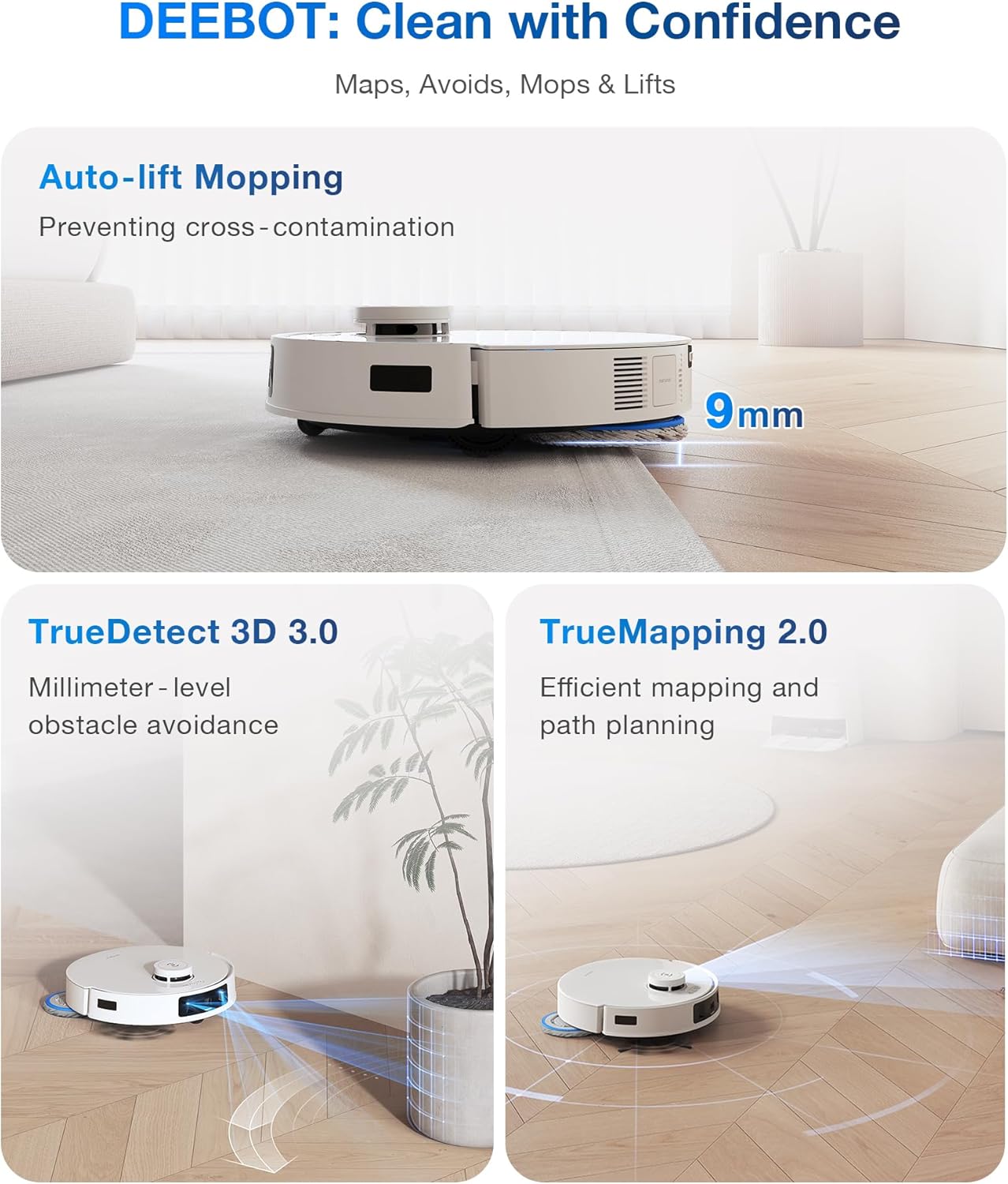Robot Hút Bụi Lau Nhà Ecovacs T30 Pro Omni Xòe Giẻ 11.000 Pa, Kháng Khuẩn Ion Bạc - Hàng Chính Hãng