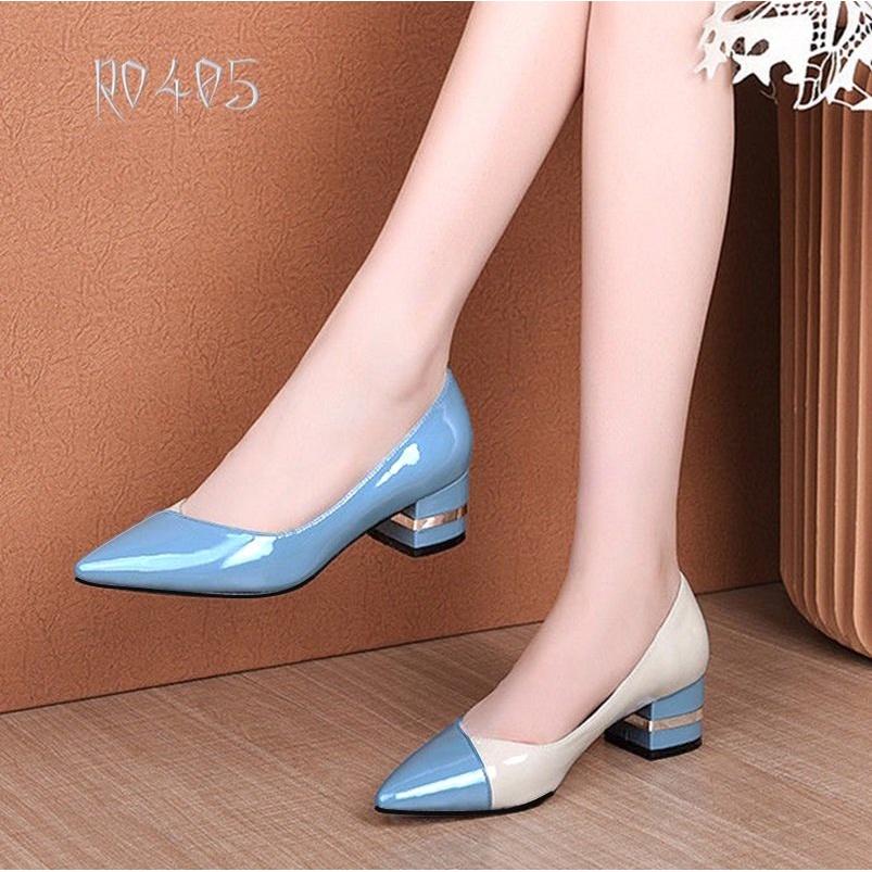 Giày cao gót nữ mũi nhọn, da bóng phối màu cao cấp ROSATA RO405 - HÀNG VIỆT NAM - BKSTORE