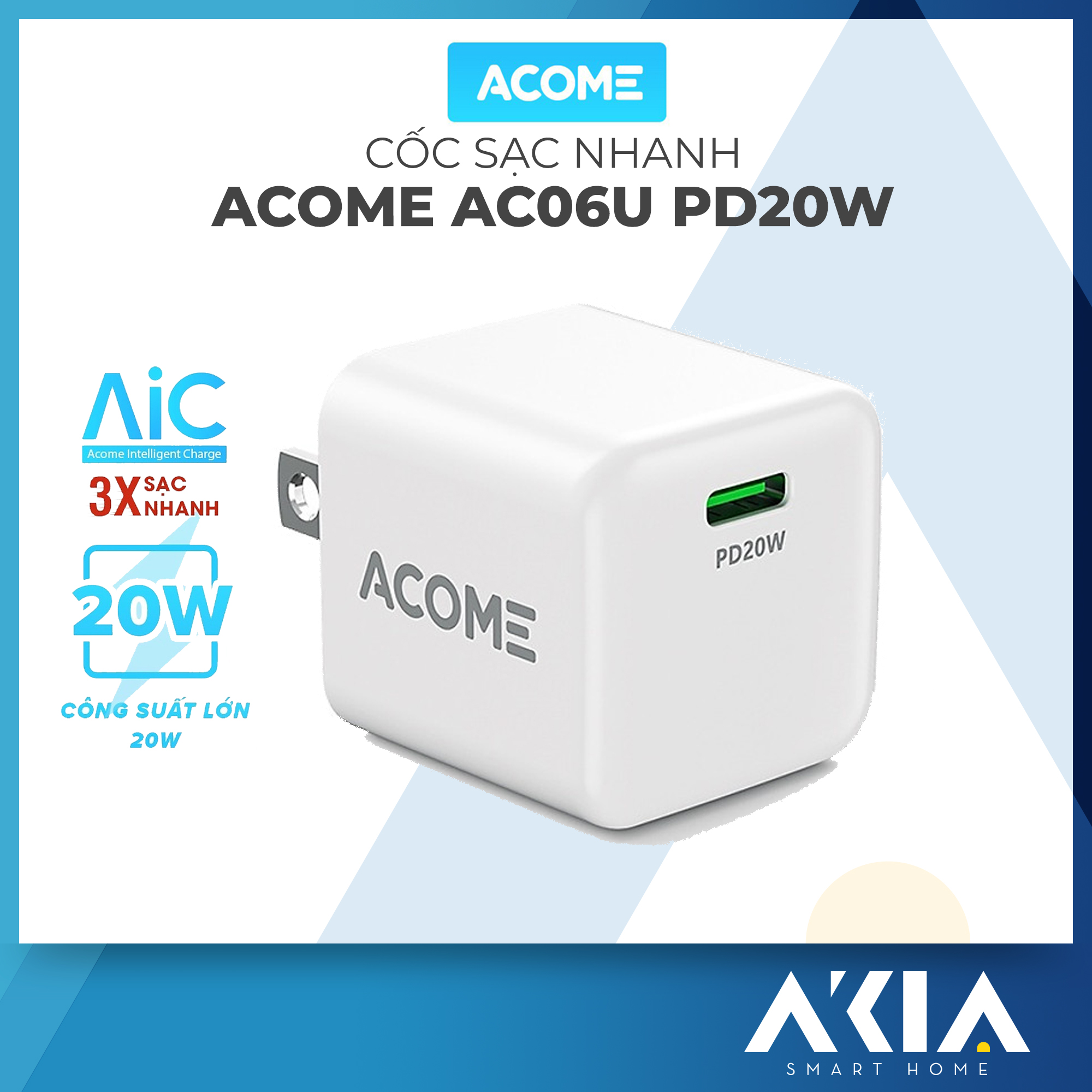 Cốc Sạc Nhanh ACOME AC06U PD 20W Cổng Type-C Tương Thích Với Các Dòng Điện Thoại Android/iOS - Hàng Chính Hãng